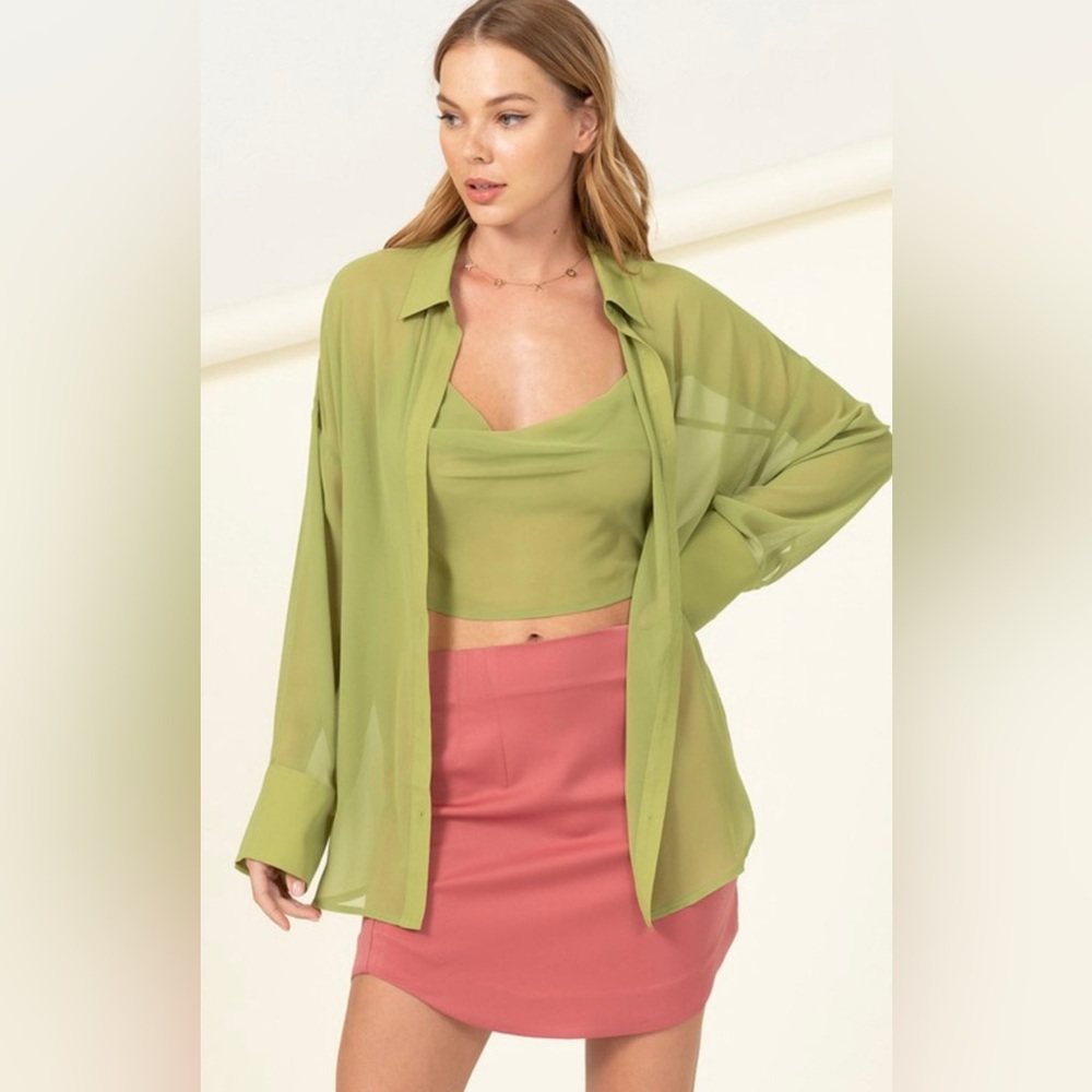 Chic Lime Green Sheer Blouse Set - Picture 3 of 14